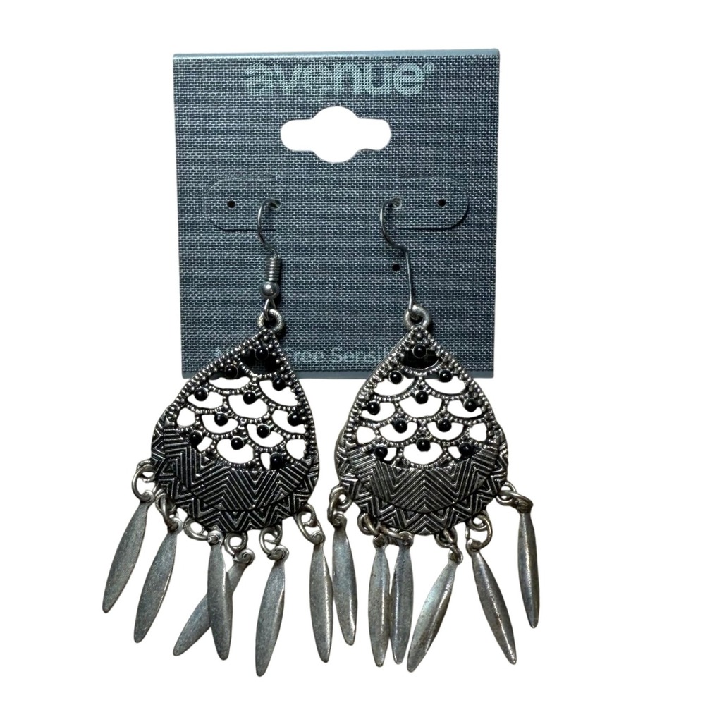 Avenue Silver Boho‎ Teardrop Dangle Earrings with Fringe Charms Nickel Free NWT